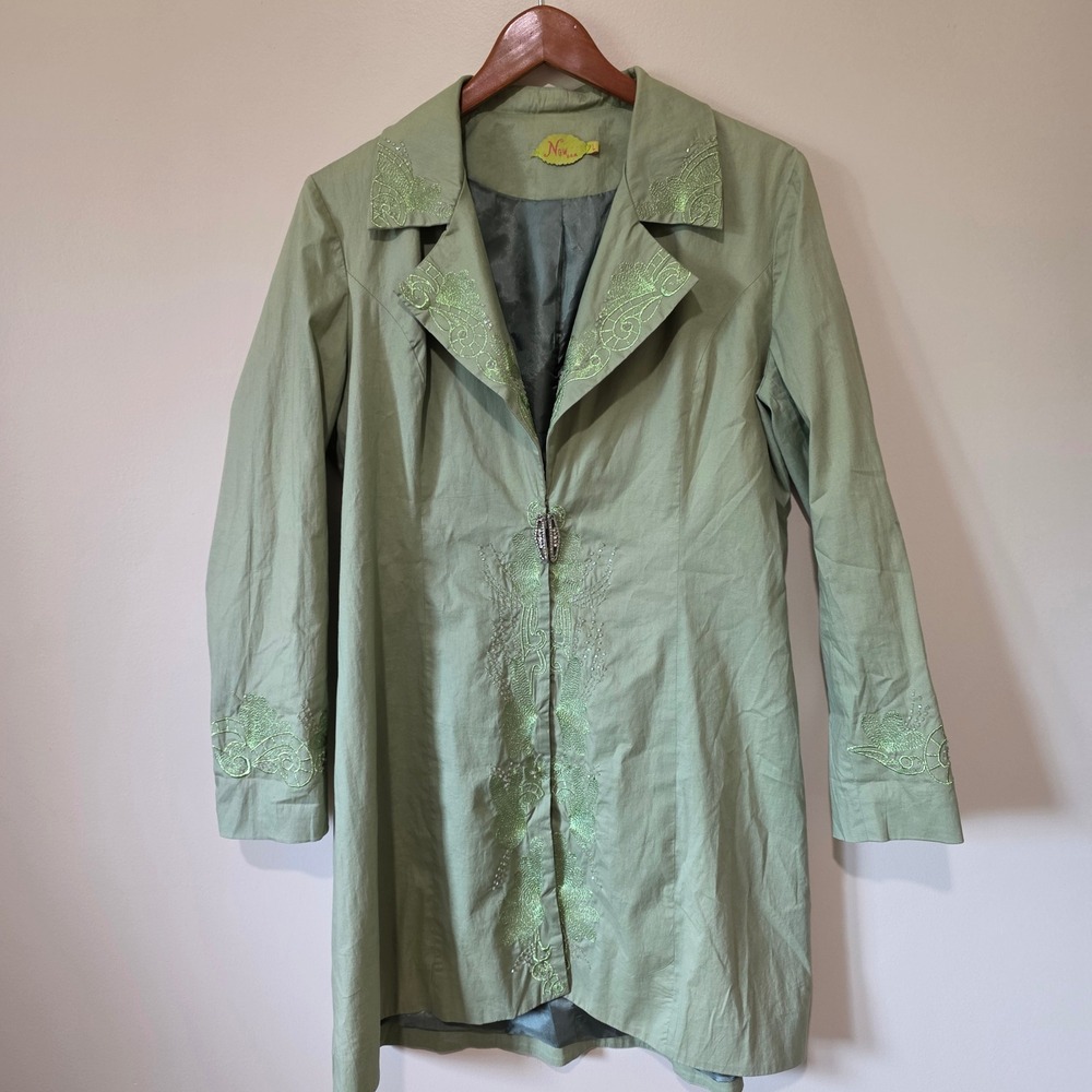 Now U.S.A. Trench Coat Women Large Green Fairycore Embroidered Butterfly Beaded‎
